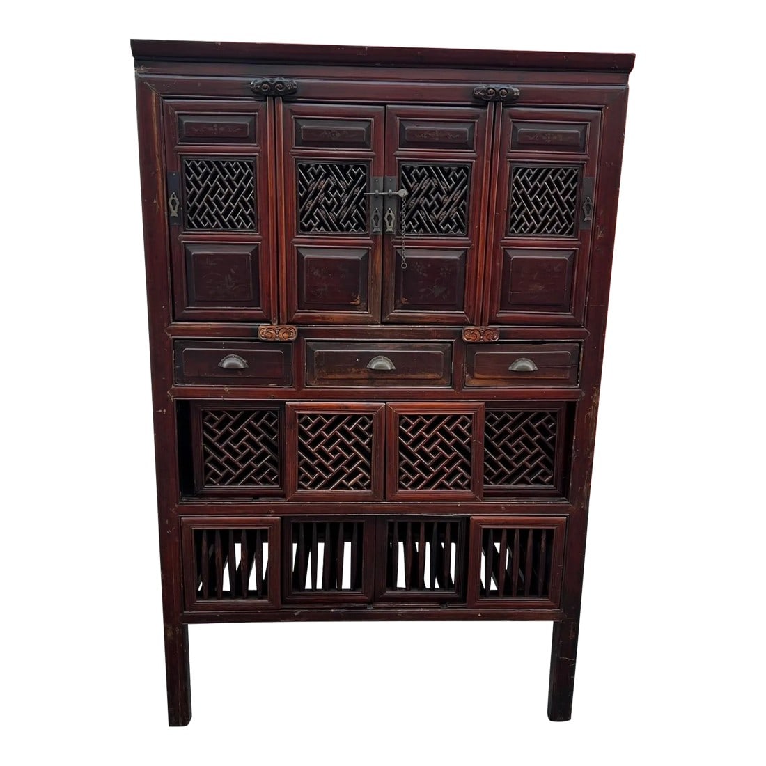Late 19th Century Antique Chinese Kitchen Pantry: The real deal and not a reproduction. A beautiful deep maroon. There's a ton of storage and can be used in the kitchen, living room or bedroom. The possibilities are endless. Like with most Asian