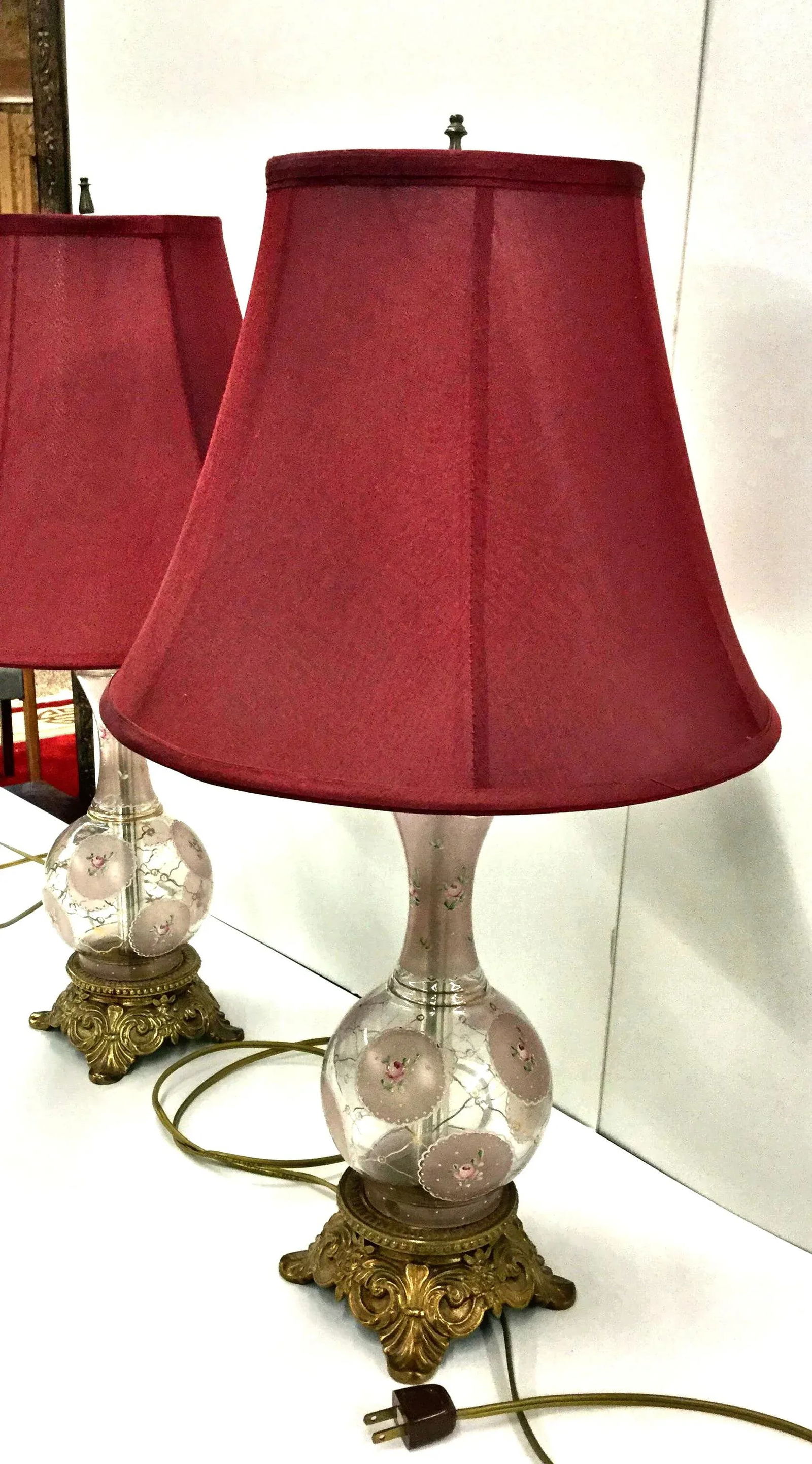 Victorian Vintage Hand Painted Glass and Carved Brass Table Lamps - A Pair - 10