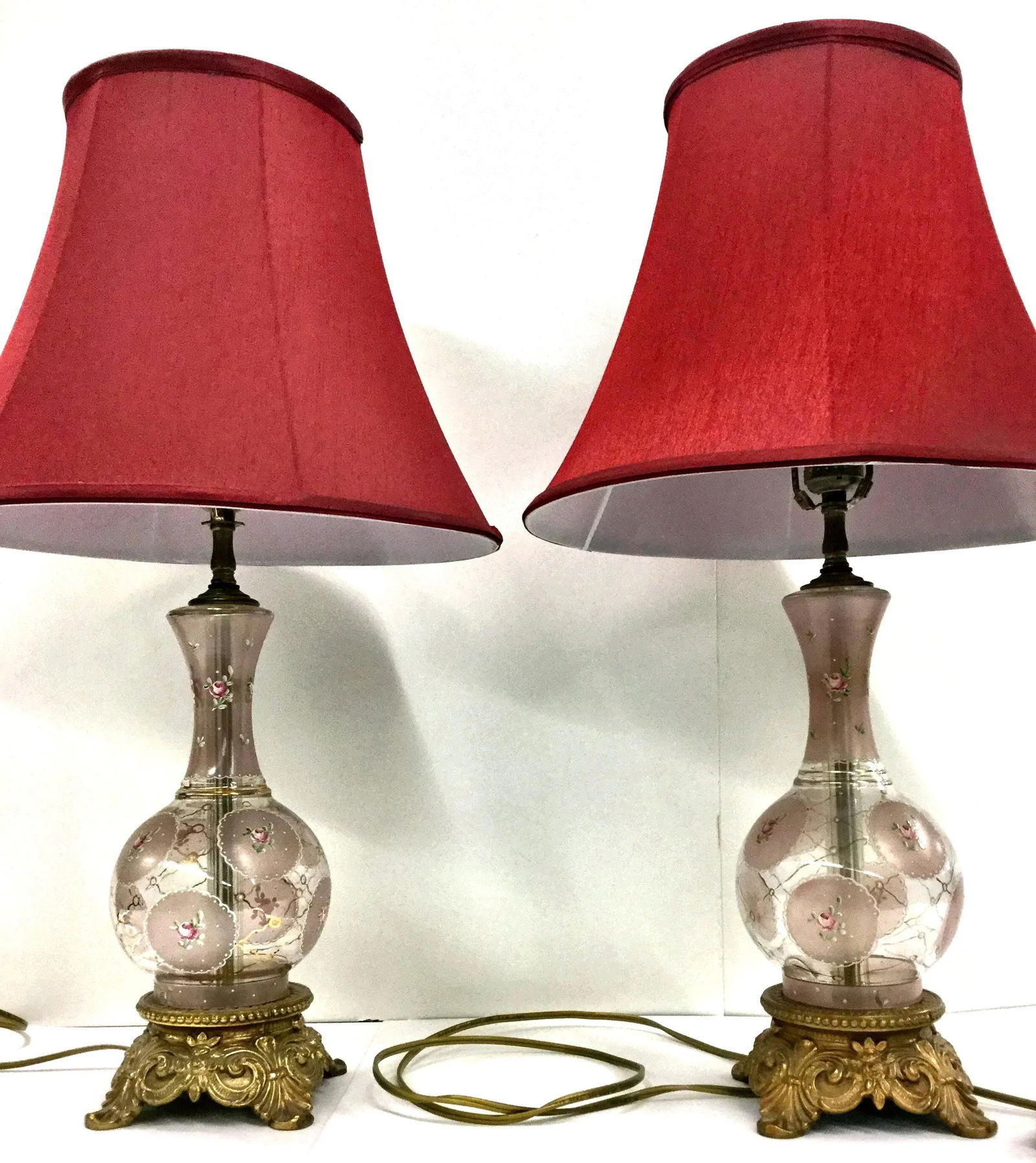 Victorian Vintage Hand Painted Glass and Carved Brass Table Lamps - A Pair - 11