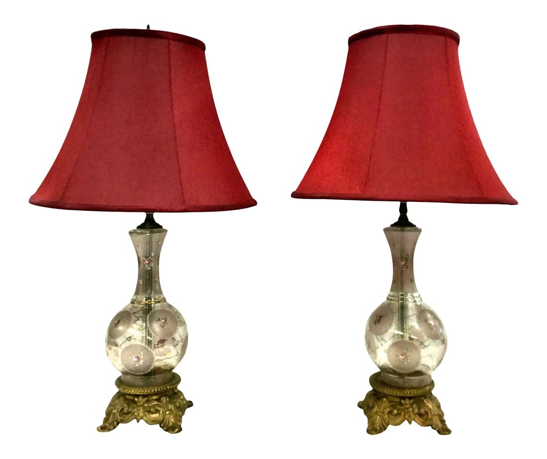 Victorian Vintage Hand Painted Glass and Carved Brass Table Lamps - A Pair (1 of 12)