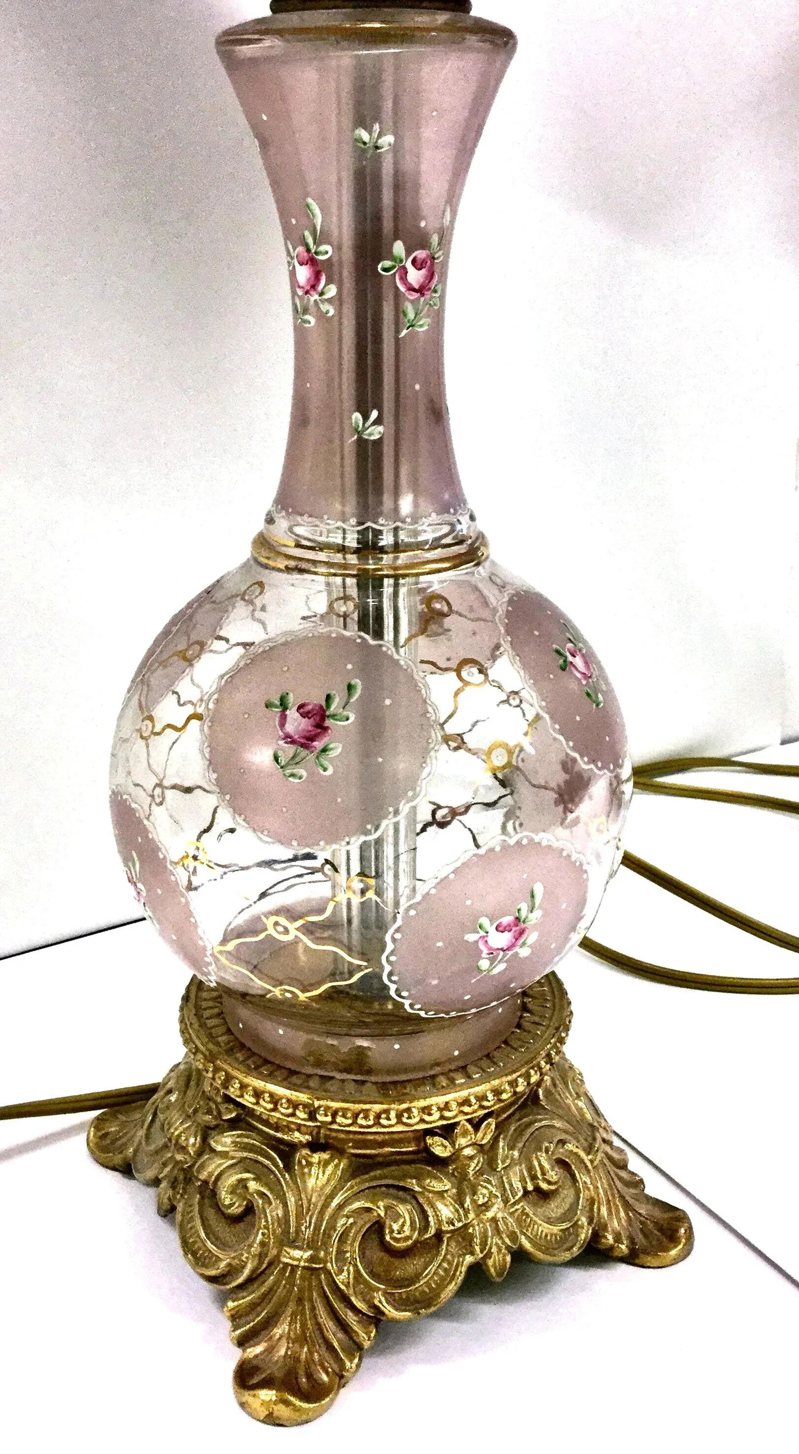 Victorian Vintage Hand Painted Glass and Carved Brass Table Lamps - A Pair - 3