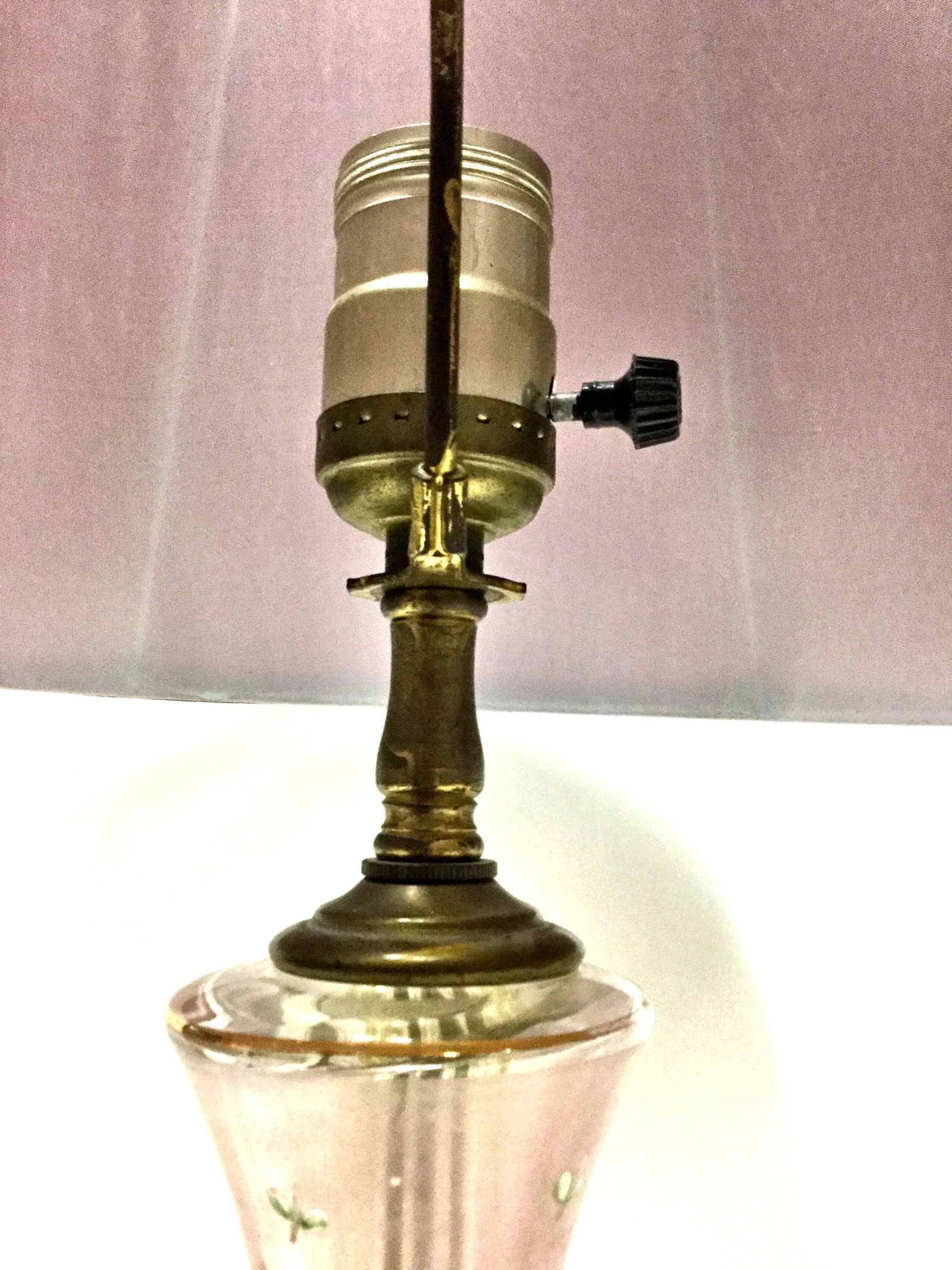 Victorian Vintage Hand Painted Glass and Carved Brass Table Lamps - A Pair - 7