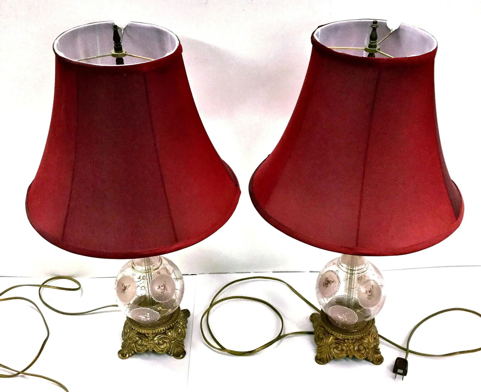 Victorian Vintage Hand Painted Glass and Carved Brass Table Lamps - A Pair - 9