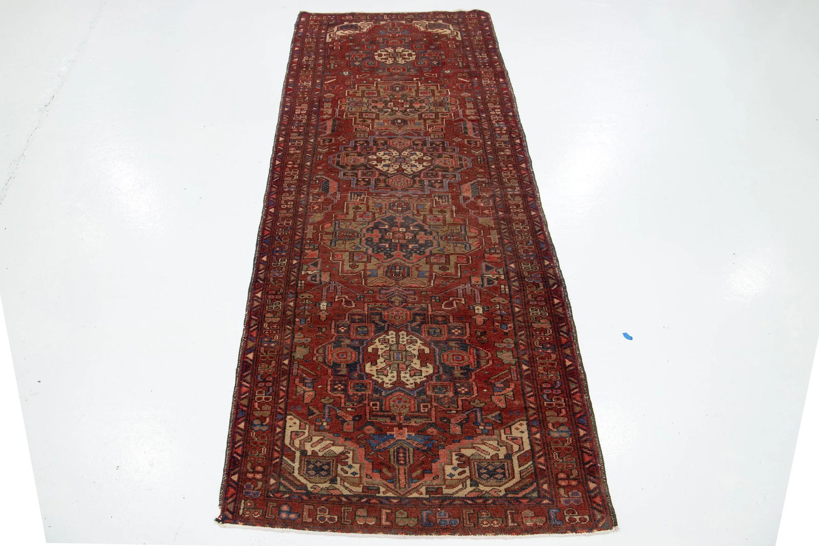 Red Persian Heriz Wool Runner With Medallion Motif - 2