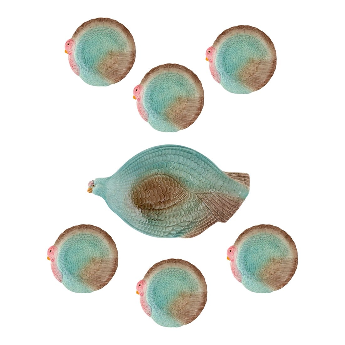 Midcentury English Turkey Serving Set: A feast for the eyes, this midcentury English turkey serving set includes a large platter and six coordinating plates"”all styled in beautifully hand-painted hues of teal, pink, and warm brown.