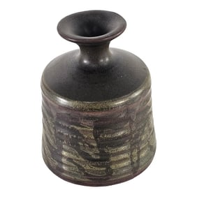 Mid Century American Brutalist Olive Green Glazed Ceramic Vase, 5"