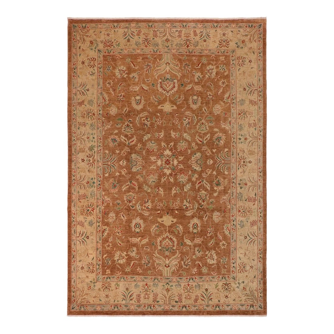 1990s Bohemien Ziegler Brown Tan Hand-Knotted Wool Rug - 9'11'' X 13'5'': Enhance the ambiance of your home with this magnificent Persian-influenced Turkish hand-knotted rug made by skilled artisans capable of creating the most exceptional vegetable dyes and hand-spun