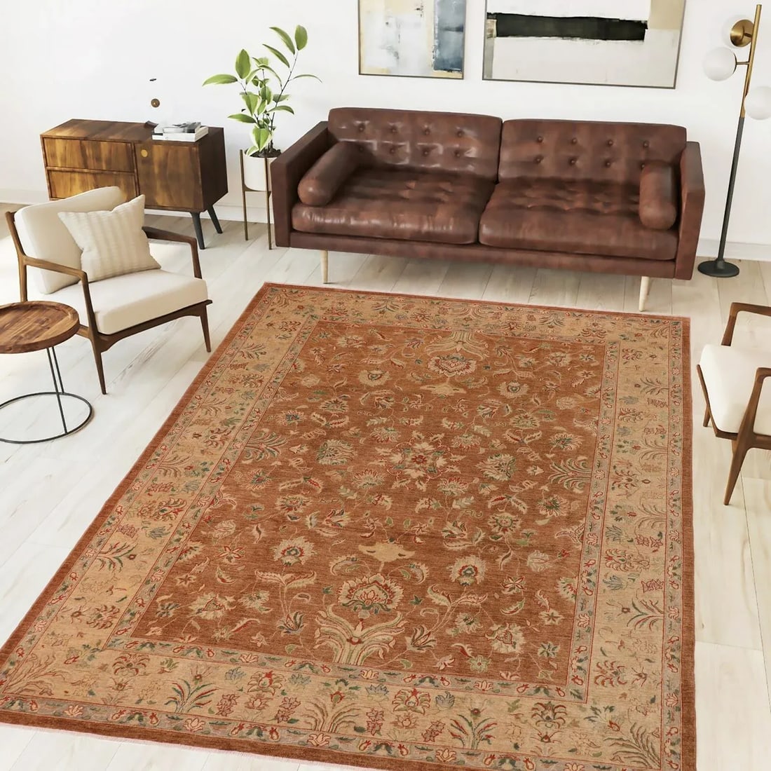 1990s Bohemien Ziegler Brown Tan Hand-Knotted Wool Rug - 9'11'' X 13'5'' - 2