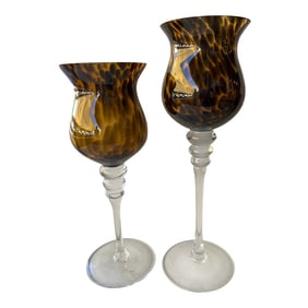 Vintage Decorative Stemmed Fluted Glass -Tortoise Color - A Pair