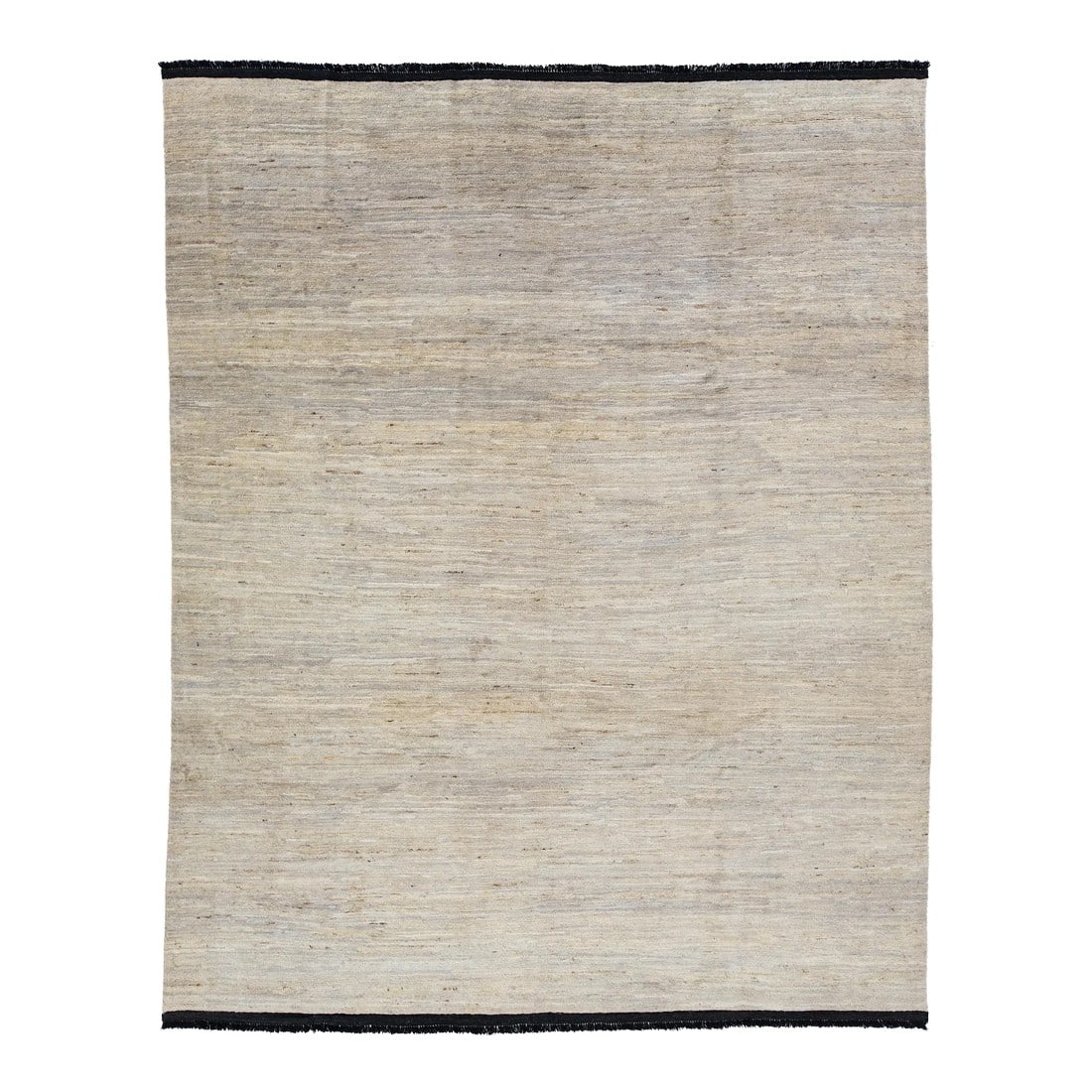 Modern Gabbeh Style Room Size Wool Rug in Beige & Gray Colors: This handcrafted wool rug, designed in the Gabbeh style, showcases a solid design accentuated by gray shades against a beige background with black fringes. This rug measures 8' x 10'. Our rugs are