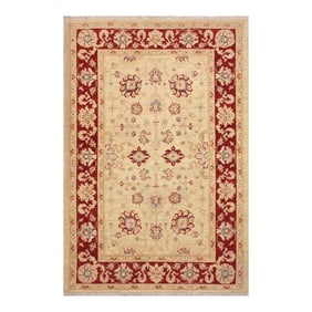 Boho Chic Ziegler Ivory Red Hand-Knotted Wool Rug - 3'4'' X 4'9''