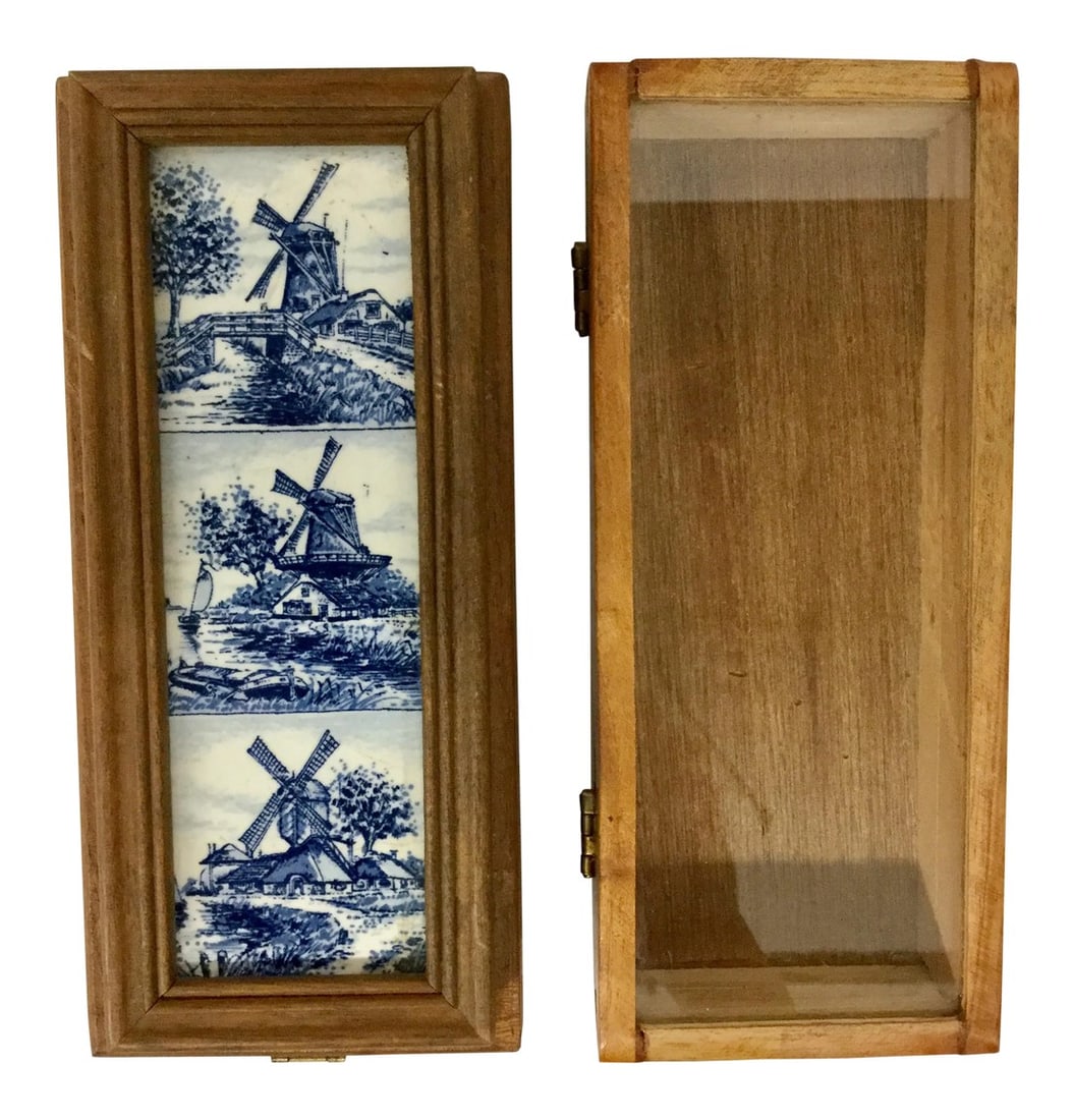 1960 English Traditional Cigar Boxes With Delftware Tile & Glass -a Pair: These are so cool. We love the hand painted delftware tile on the first box. The hinge is made in Germany. Not sure where the cigars came from. The glass top box with the dovetail corners is from