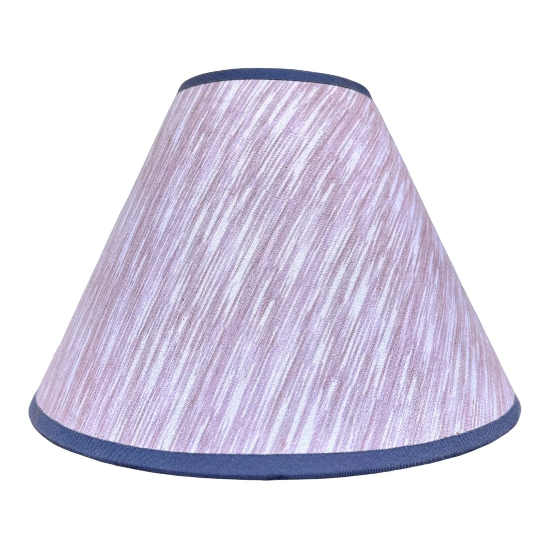 Vintage Pink and Mauve Striped Cloth Lampshade With Blue Trim: 7" tall, 9" wide cloth lampshade. Organic mauve stripes running diagonally over a light pink background trimmed in purple-blue. Uno style attachment that allows for use across all lamp types. Very