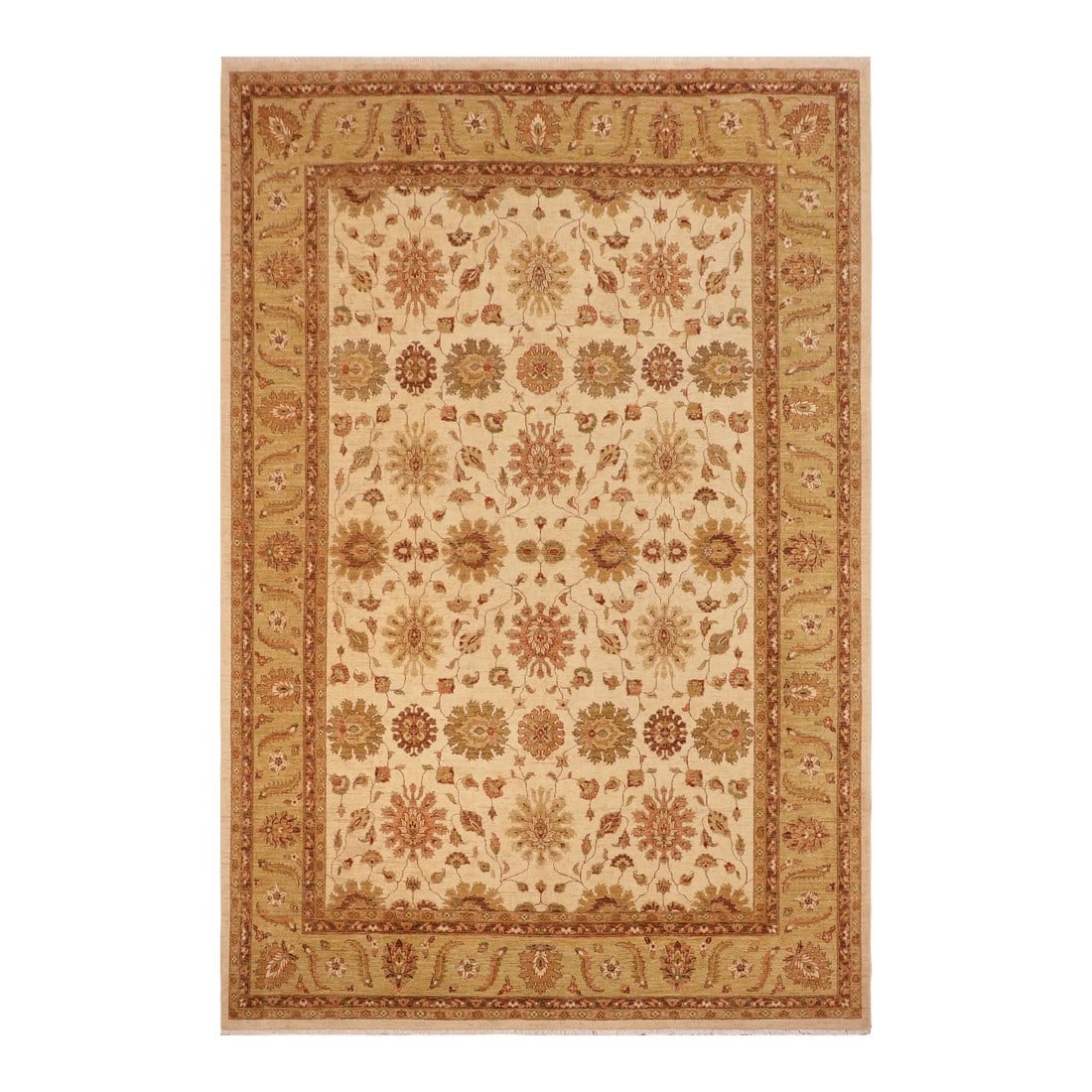 Boho Chic Ziegler Beige Green Hand-Knotted Wool Rug - 10'2'' X 13'9'': Enhance the ambiance of your home with this magnificent Persian-influenced Turkish hand-knotted rug made by skilled artisans capable of creating the most exceptional vegetable dyes and hand-spun