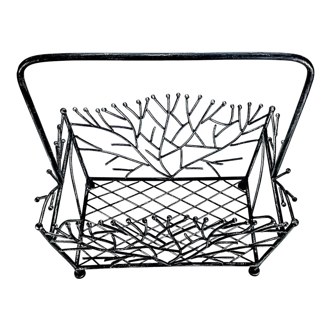 Vintage Metal Floor Basket Magazine Log Holder: Abstract design of tree branches winding up to hold your miscellaneous stuff. Use this cool holder for books, logs, magazines and more. Use for towels or toilet paper rolls. In clean ready to use cond