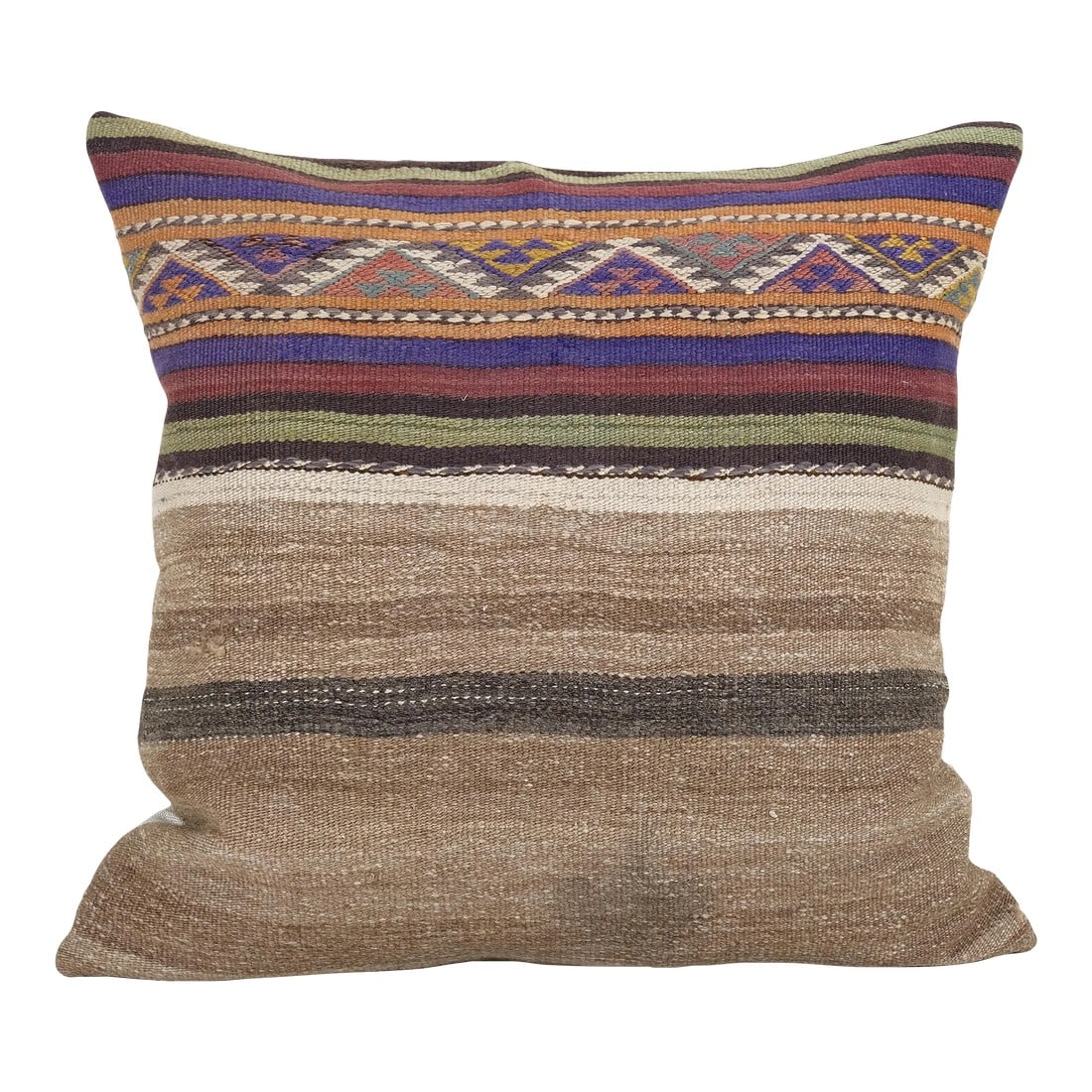 Striped Kilim Pillow Cover: Striped Kilim Pillow Cover Elevate your home decor with these exquisite 24" x 24" pillow covers crafted from authentic vintage Turkish rugs, handwoven in the 1960s. The rich and vibrant woolen colors