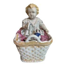 Antique 1880s Porcelain Fairing Trinket Memento Box Baby in Basket