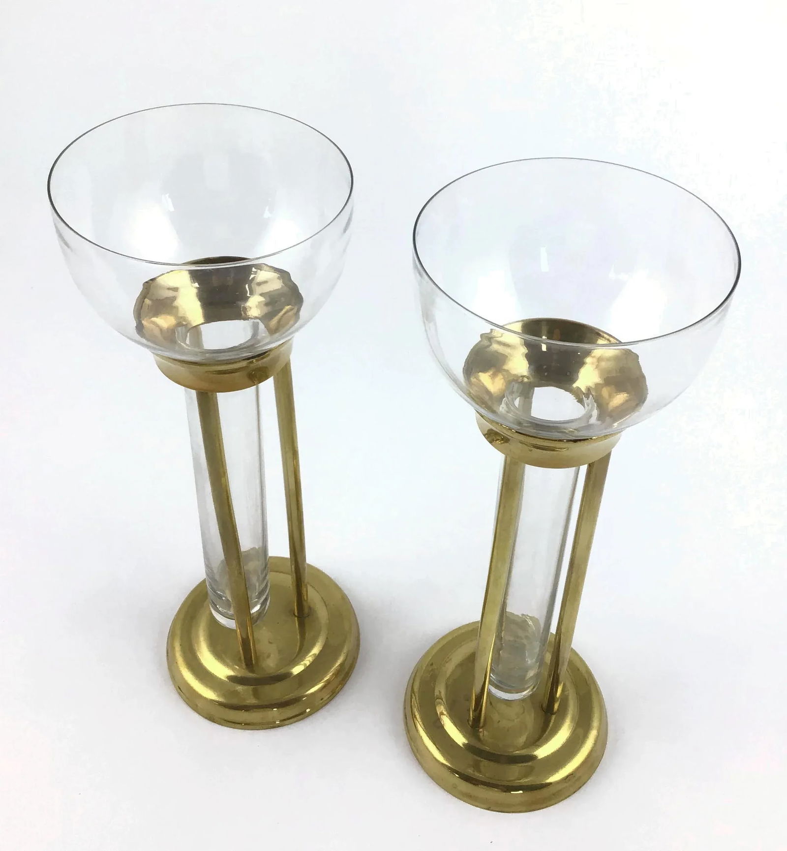 1960s Mid-Century Modern Glass and Brass Vases or Candle Holders - a Pair - 3