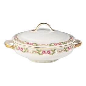 w.m. Guerin Limoges "Rose & Stem" Covered Serving Bowl, Hand-Gilded French Porcelain Circa 1900â