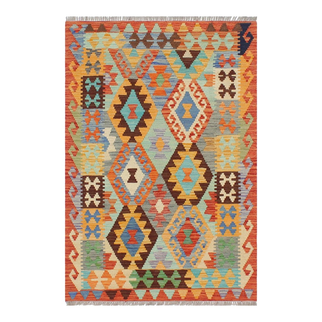 Bohemian Kilim Blue Rust Wool Rug - 2'8" X 3'11": Add a touch of elegance to your home with this casual chic hand woven Tribal Kilim wool rug. Constructed on a loom by Nomad Turkman people with hand-spun wool and 100% Natural Vegetable dyes these