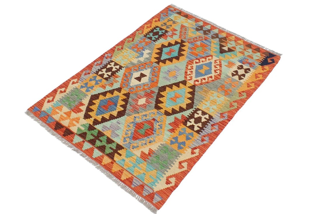 Bohemian Kilim Blue Rust Wool Rug - 2'8" X 3'11" - 2