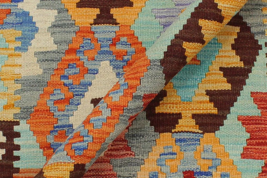 Bohemian Kilim Blue Rust Wool Rug - 2'8" X 3'11" - 5