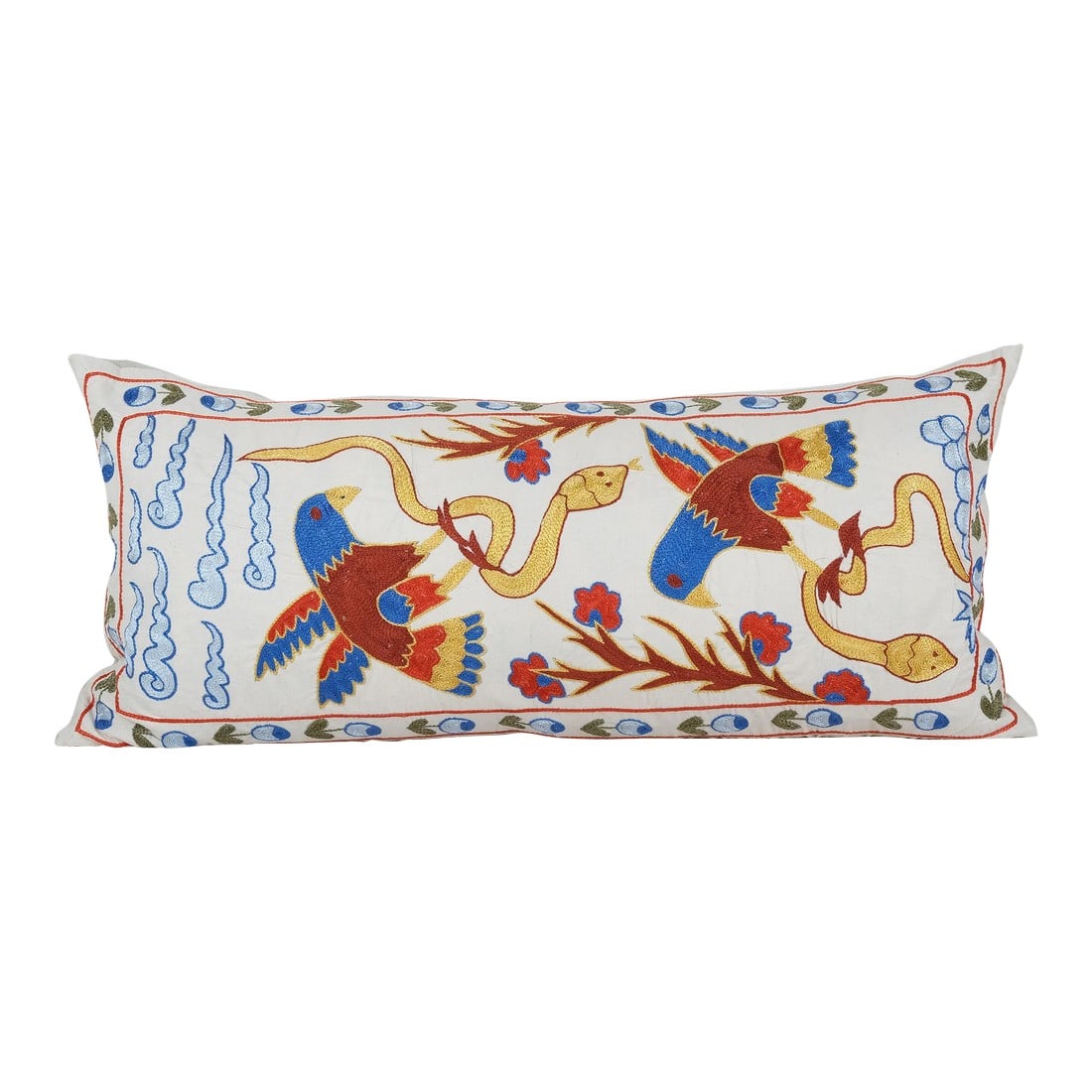 Uzbek Pictorial Suzani Pillow Cover 18'' X 36'': Uzbek Pictorial Suzani Pillow Cover 18'' X 36'' Elevate your home decor with our Turkish Suzani Pillow Cover, featuring exquisite vintage Uzbek fabric that celebrates the allure of handmade