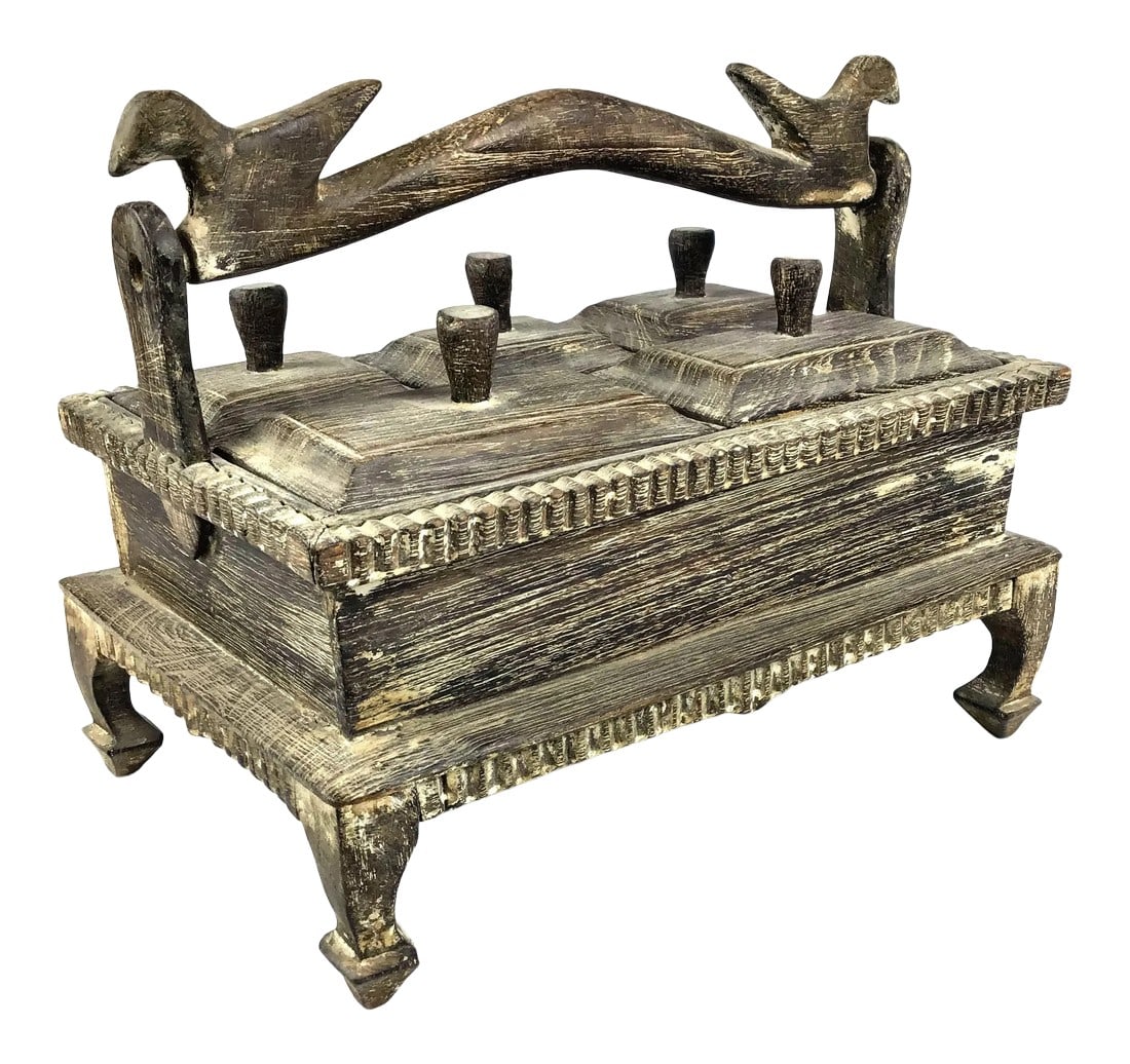 1900s Asian Hand Carved Wood Spice Box: A cool and unique box with 6 different compartments. In the late 19th Century, the people of the southeast Asian countries used this type of box to keep their spices in. I can't be sure which country