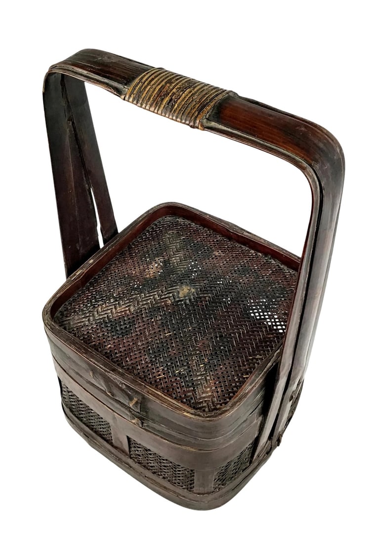 19th Century Chinese Wedding Basket: Absolutely beautiful colors make this perfect wedding basket a gift indeed. The lid fits perfectly and only one side has some damage from decades of use. A stunning piece which will blend perfectly