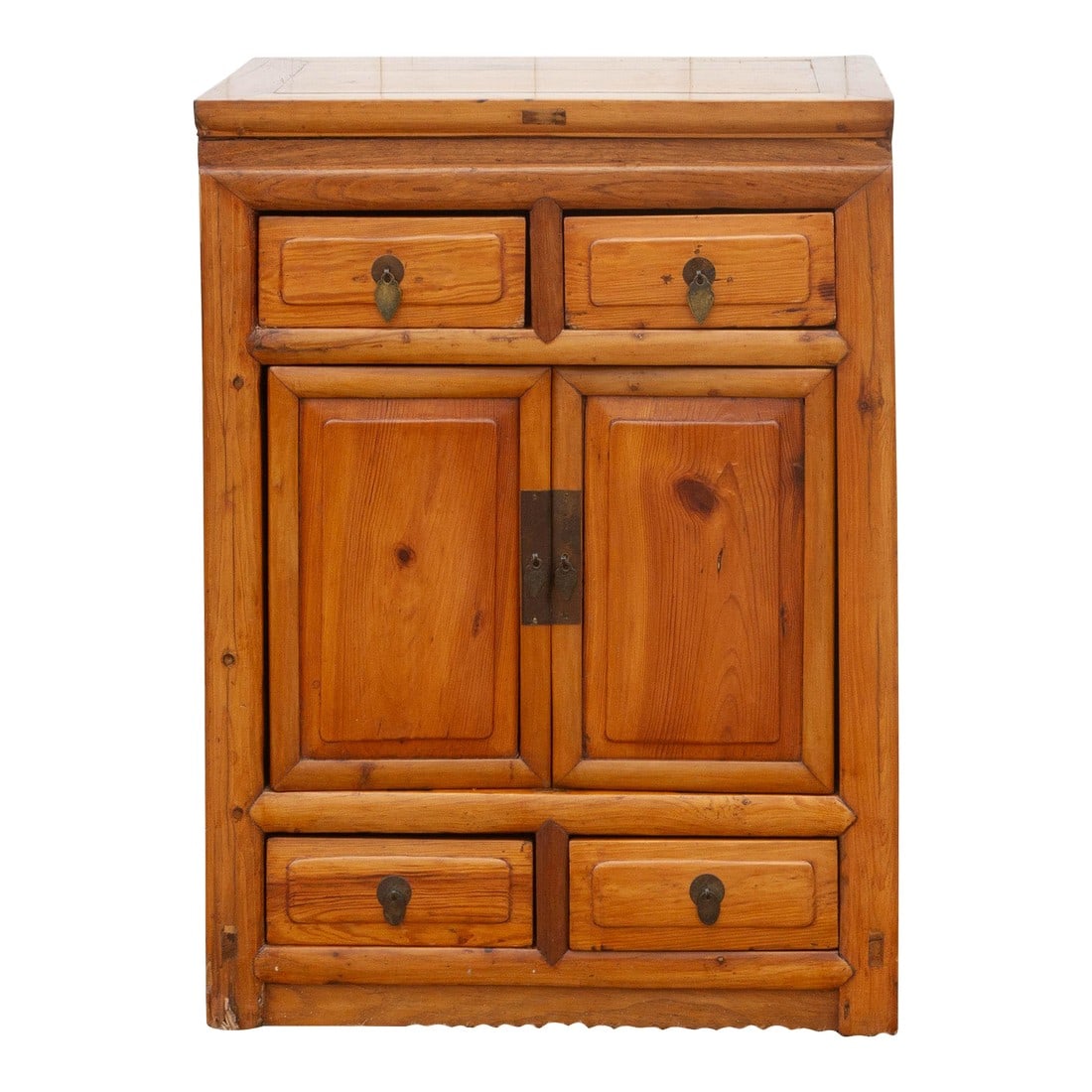Early 20th Century Farmhouse Chinese Cabinet: This antique cedar wood farmhouse cabinet offers a delightful harmony of rustic charm and modern functionality. Crafted with sleek lines that contrast beautifully with its primitive dovetail construct