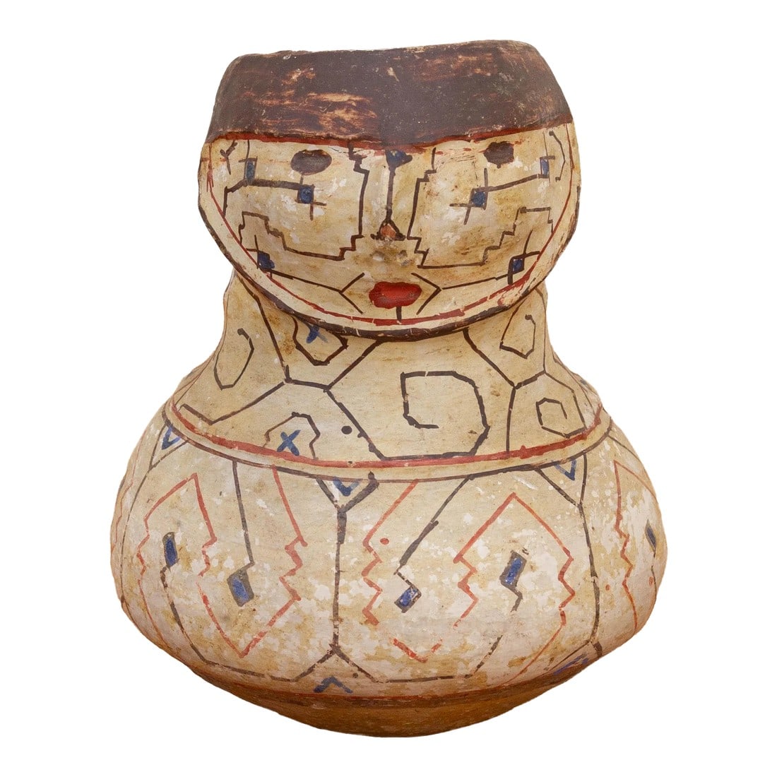 Antique Figural Shipbo Jicara Pot: Experience the artistic richness of Peruvian craftsmanship with this exquisite Shipibo bowl. Adorned with mesmerizing geometric designs and a facial feature on the top, this low-fired vessel showcases