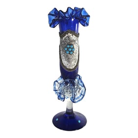 Turkish Ruffle Cobalt Blue Vase Silver Over-Lay Jeweled