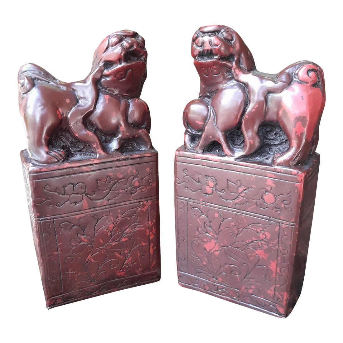 Pair of Mid 20th Century Petite Deep Red Soapstone Foo Dog Statues Bookends: These are magical Foo Dogs are believed - to protect you! I love that these are in a rich, deep, red color with a lovely vintage patina. They are relatively heavy and relatively petite, but you could