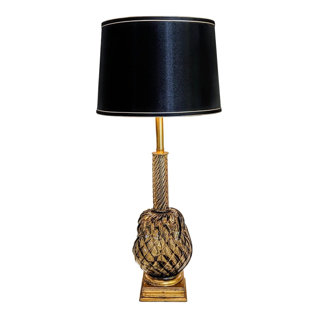 Carlo Scarpa for Venini Diamante Murano Glass Table Lamp C. 1936: Carlo Scarpa for Venini Diamante Murano Glass Table Lamp c. 1936 Hand-Blown Smoky Amber color with twisting form on Gilt Base and Torchere Glass Diffuser In 1936 VENINI arrived at the XX Biennale D'Ar