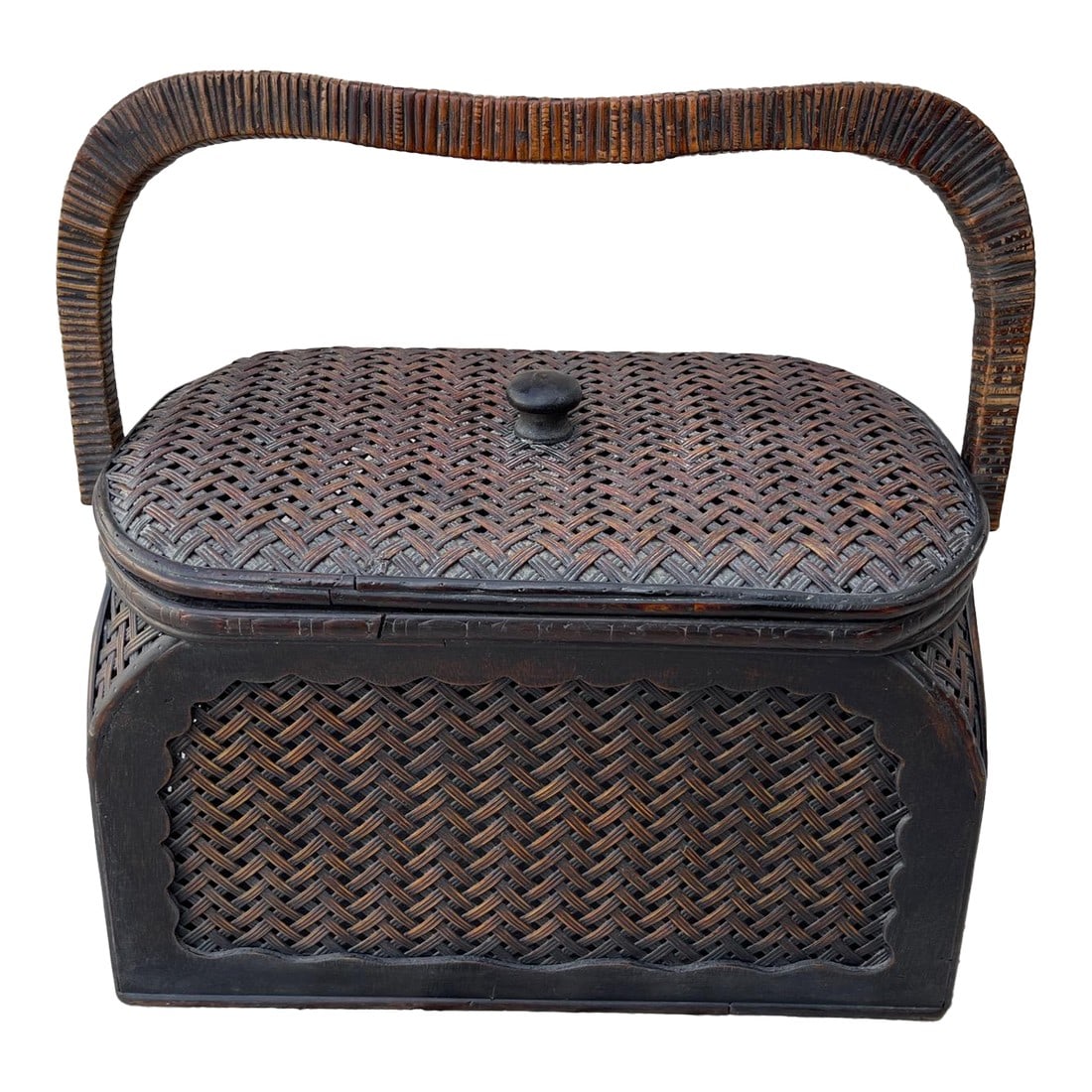 Vintage Woven Rattan/Bamboo Lidded Box: Vintage Woven Bamboo/Rattan and Wood Box w/Lid and Handle. Woven sides and rapped handle make a perfect careering box for yarn or other goodies, or just for display. 18.5in w basket x 10.5in h
