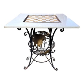 Wrought Iron World Globe Centered Table W/ Inlaid Marble Chess Board Top