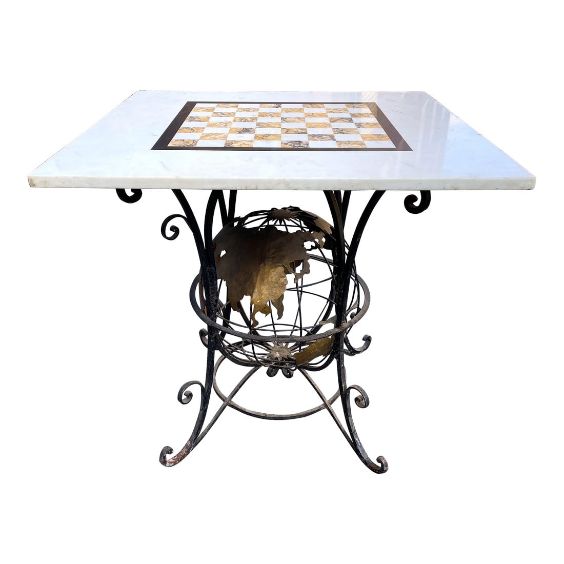 Wrought Iron World Globe Centered Table W/ Inlaid Marble Chess Board Top (1 of 12)