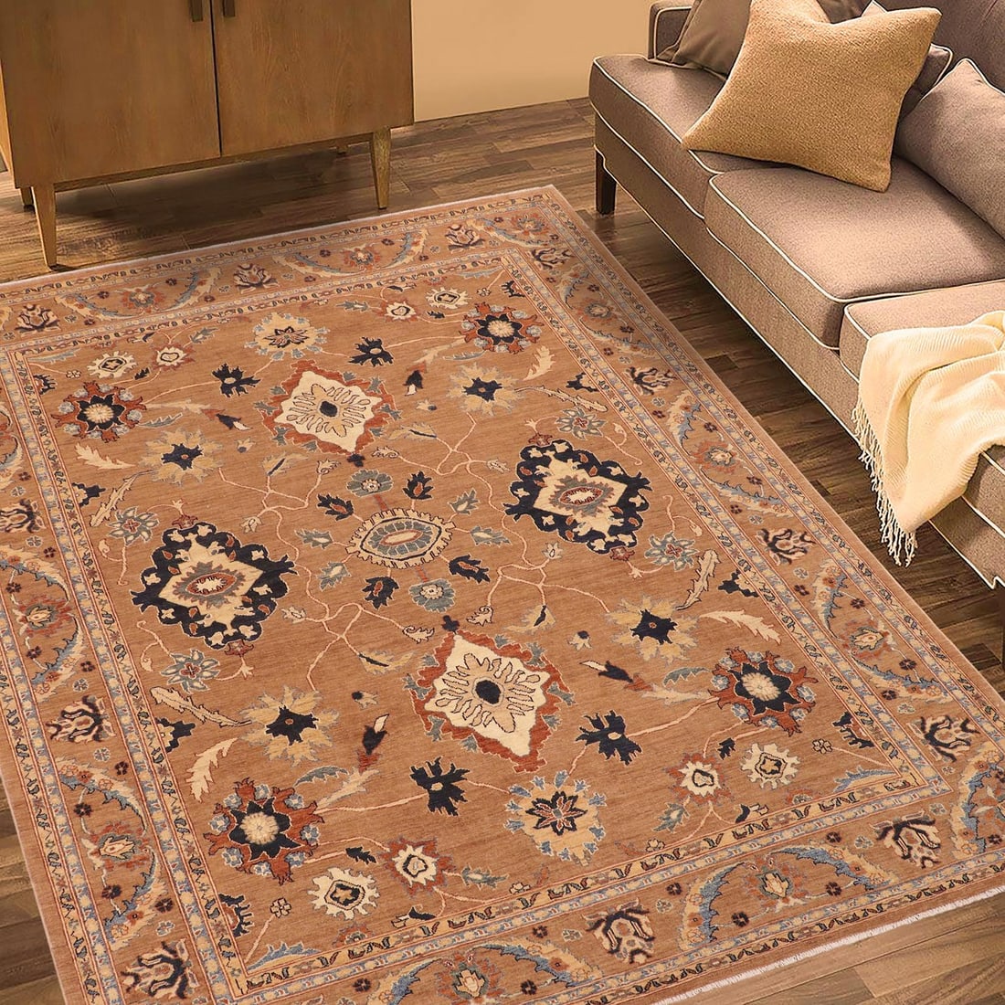 Shabby Chic Ziegler Brown Blue Hand-Knotted Wool Rug - 8'1'' X 9'9'' - 2