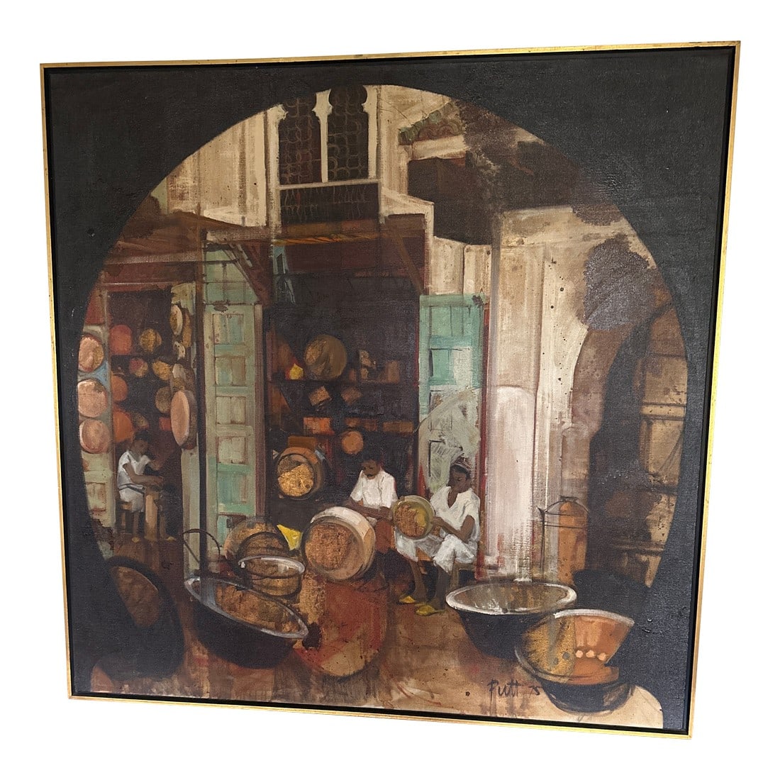Glenna Putt Oil Painting 1970s Copper Souk Essaouira Morocco Fes, Marrakech, Moroccan Scene: Glenna Putt Oil Painting, Copper Souk Morocco Market. Perhaps Fez, Marrakech or Essaouira. Stunning painting by California artist Glenna Putt (American 1929-2016) in 1975 portrays men working in the