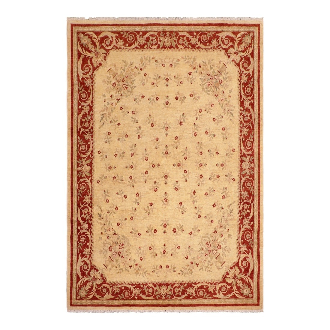 Oriental Ziegler Beige Rust Hand-Knotted Wool Rug - 8'0'' X 10'2'': Enhance the ambiance of your home with this magnificent Persian-influenced Turkish hand-knotted rug made by skilled artisans capable of creating the most exceptional vegetable dyes and hand-spun