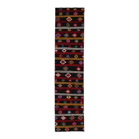 Black Vintage Turkish Kilim Wool Rug With Geometric Design