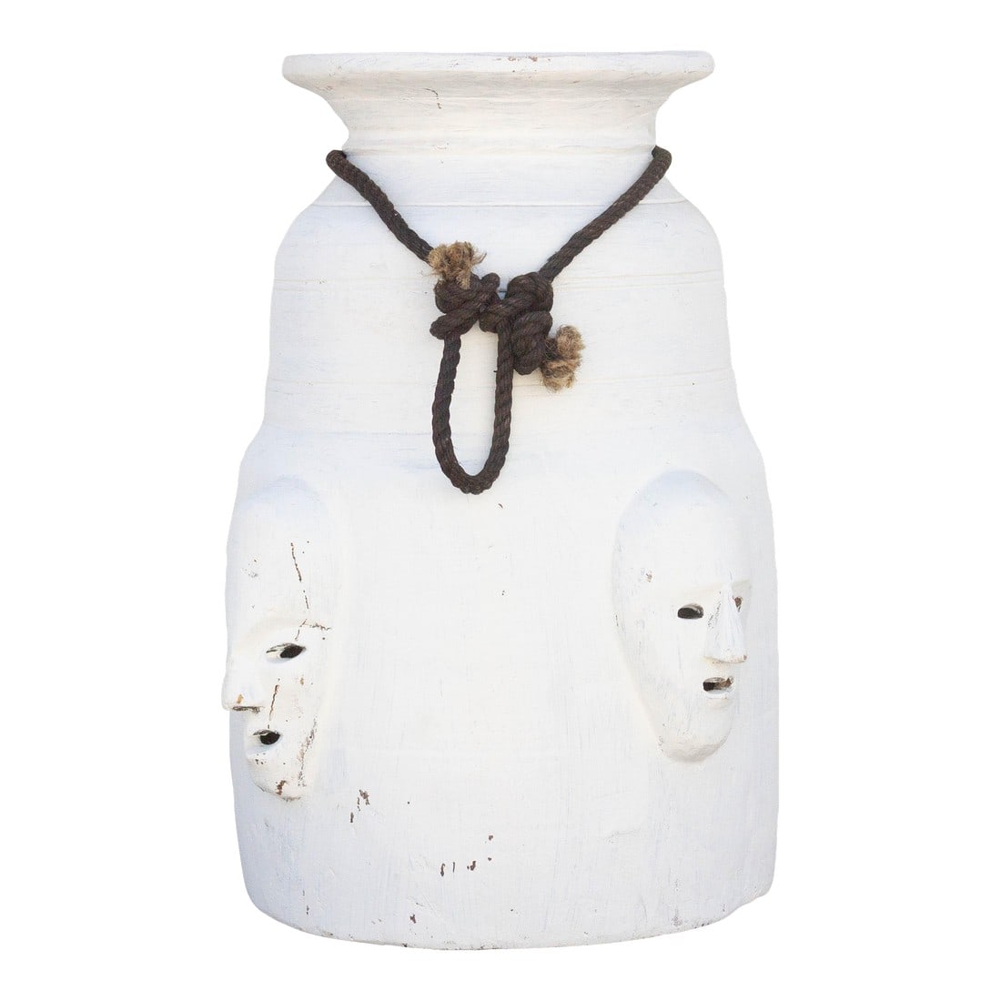 Vintage White Painted Tribal Pot: This primitive wooden ghee pot from the tribes of Nagaland is a captivating blend of tradition and captivating beauty. Hand-carved from solid wood, this large vessel exudes a sense of raw
