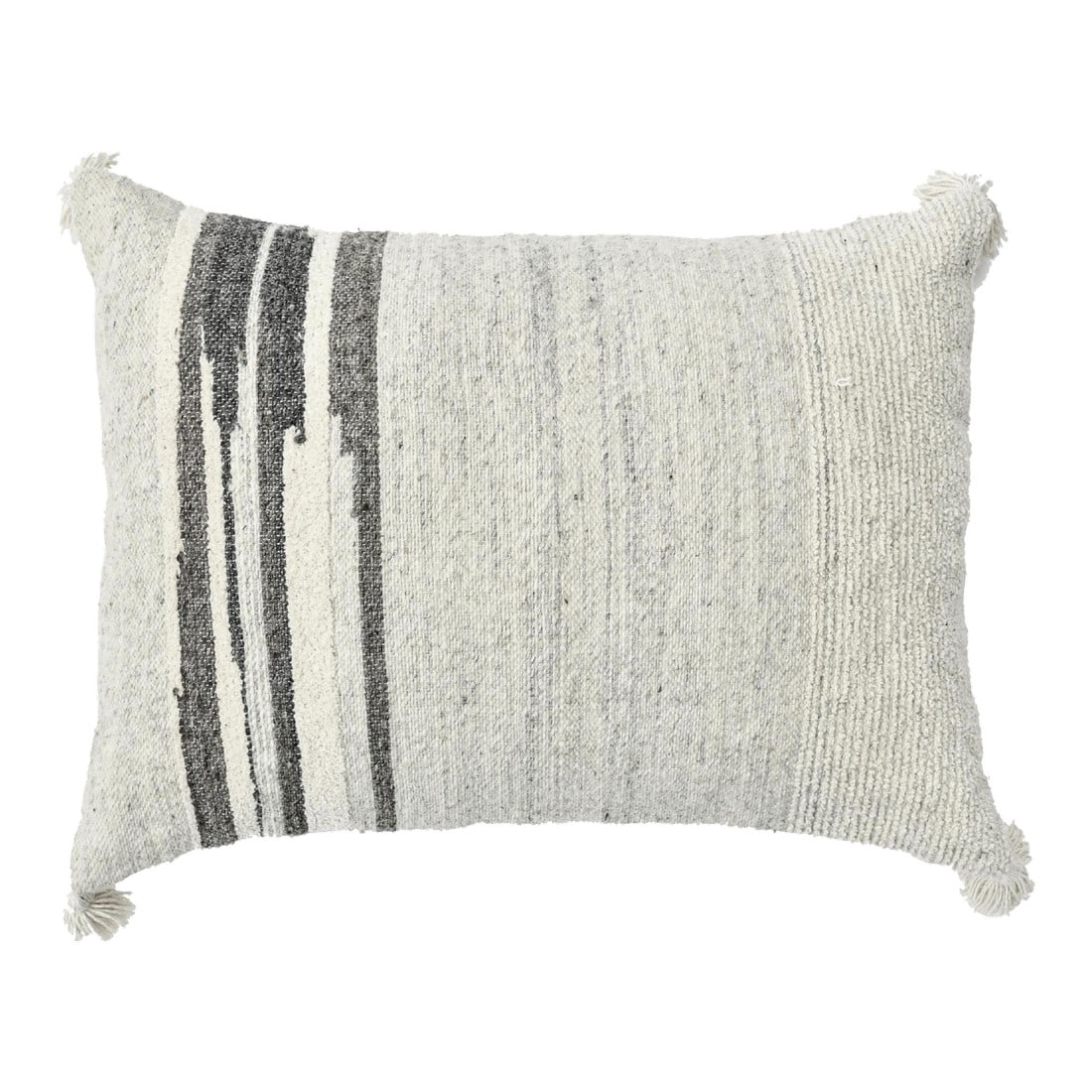 Ivory Modern Boho Chic Style Wool and Cotton Pillow: Elevate your home's look with a chic Modern Wool and Cotton Pillow, meticulously handmade with opulent materials, in a 16" x 24" size. This Once-Size Pillow has a beige back color. Condition: Imperfec