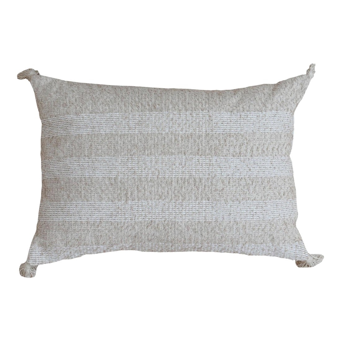 Beige Modern Wool and Cotton Pillow With Striped Pattern: Elevate your home's look with a chic Modern Wool and Cotton Pillow, meticulously handmade with opulent materials, in a 16" x 24" size. This Once-Size Pillow has a beige back color. Condition: Imperfec