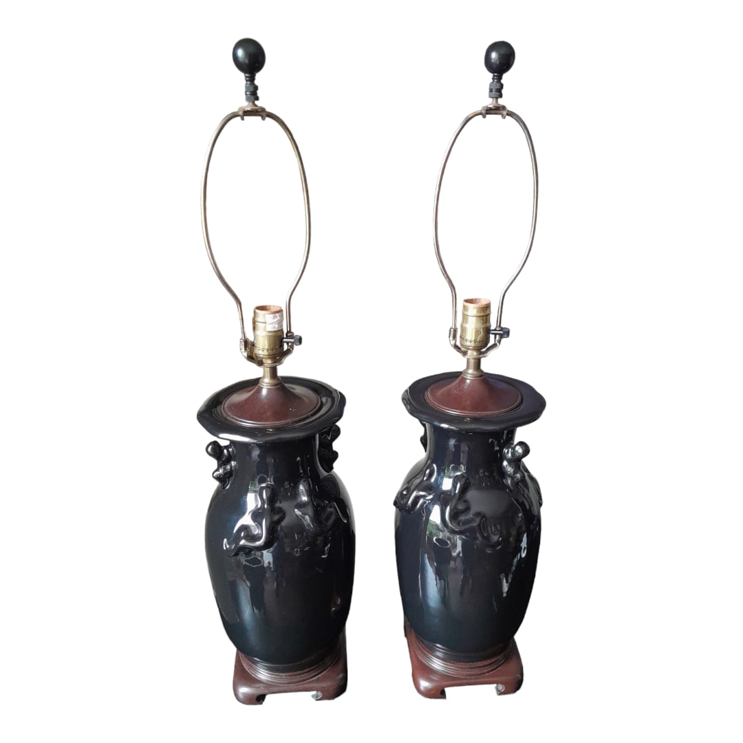 Mid 20th Century Chinese Gloss Black Salamander Decorated Porcelain Lamps - a Pair - 2