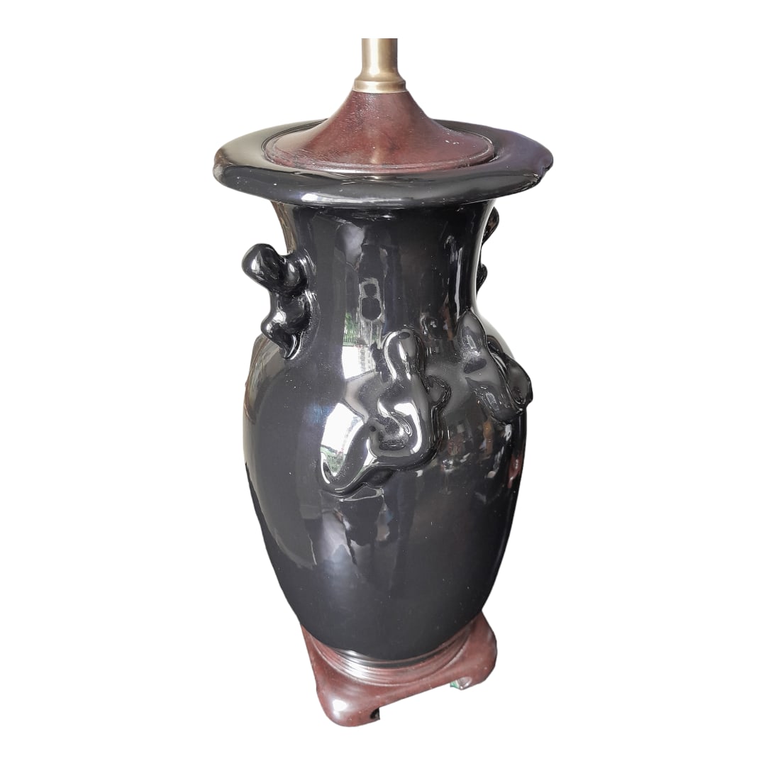 Mid 20th Century Chinese Gloss Black Salamander Decorated Porcelain Lamps - a Pair - 3