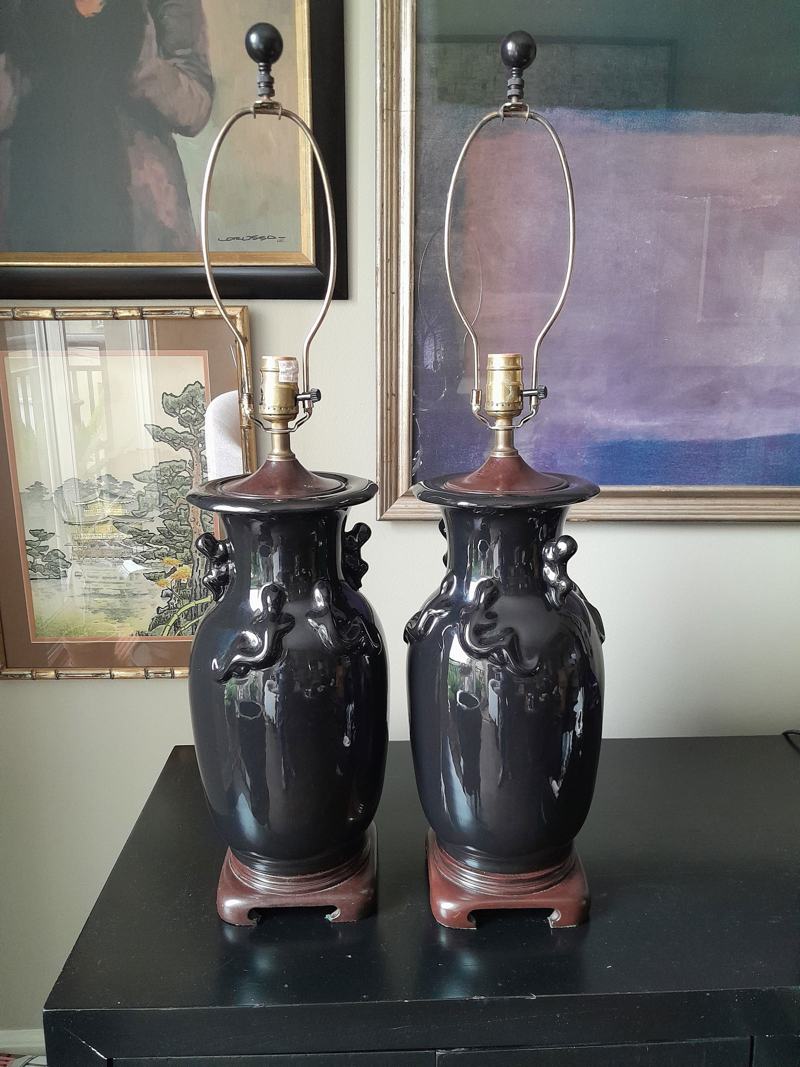 Mid 20th Century Chinese Gloss Black Salamander Decorated Porcelain Lamps - a Pair - 7
