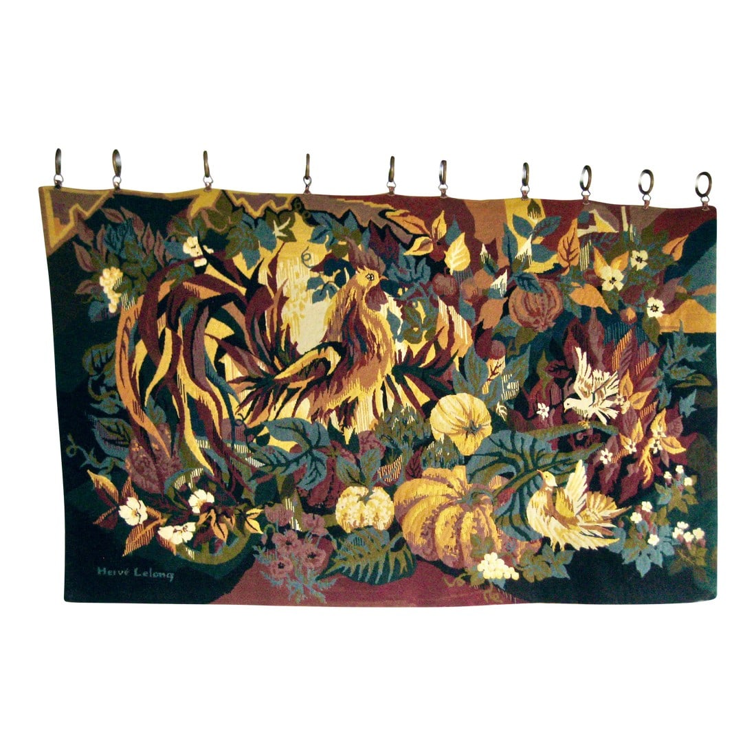 1960s French Mid Century Modern Herve Lelong Aubusson Tapestry: We present here a tapestry from Herve Lelong ( 1935 -2023 ) famous french artist from the 1960, he was an painter and created a numerous of carton for Aubusson , he died at 86 years .This tapestry