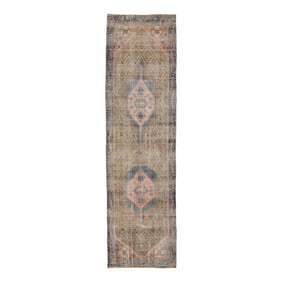 4 X 15 Vintage Distressed Persian Wool Runner in Brown With Tribal Motif