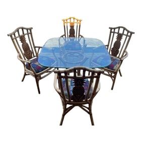 Bamboo Rattan Pineapple Arm Side Chairs in the Style of Palecek Set of Four With Table